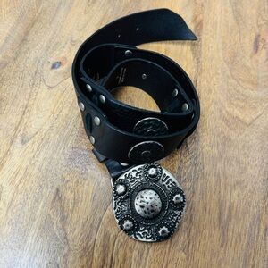 Leather Silver Concho Belt Western Boho Punk Ornate Sz M